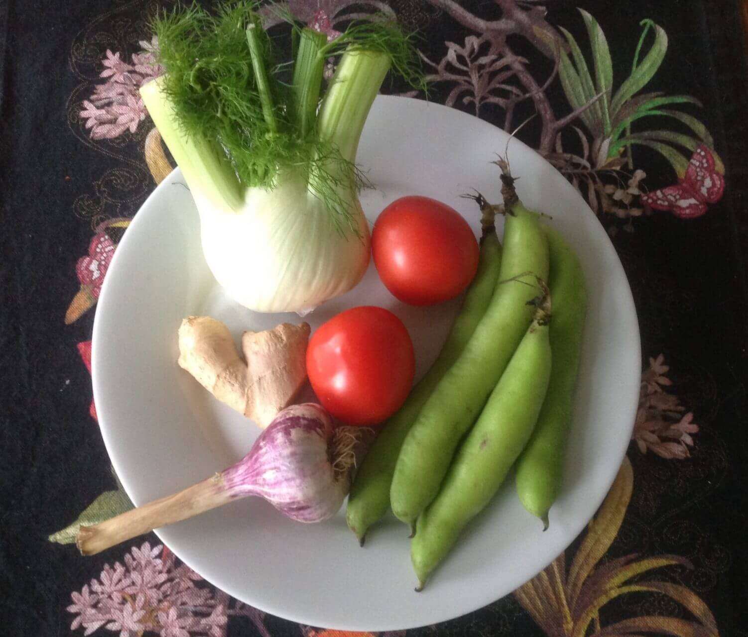 Simmered fennel, tomato, ginger and broad beans