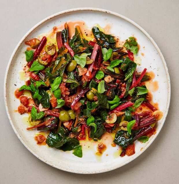 Champion Chard with tomatoes and green olives