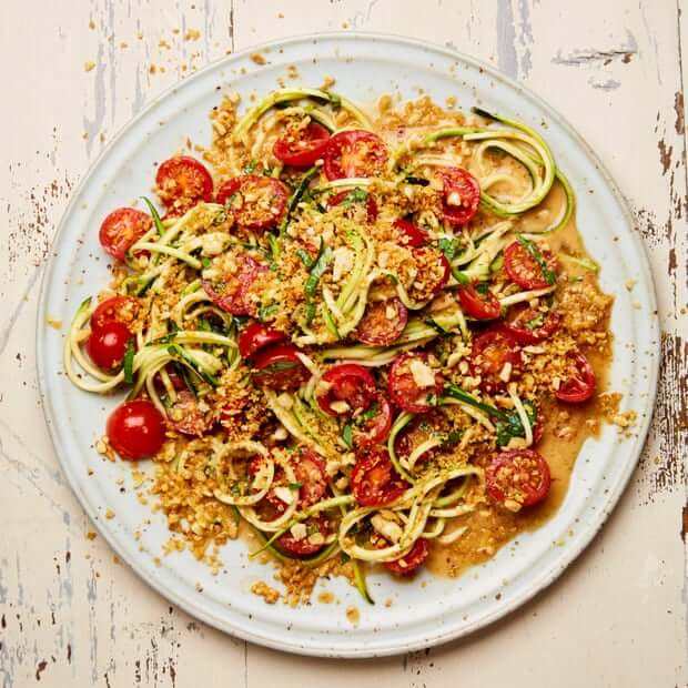 Thai tomato and courgette salad with peanut crumbs