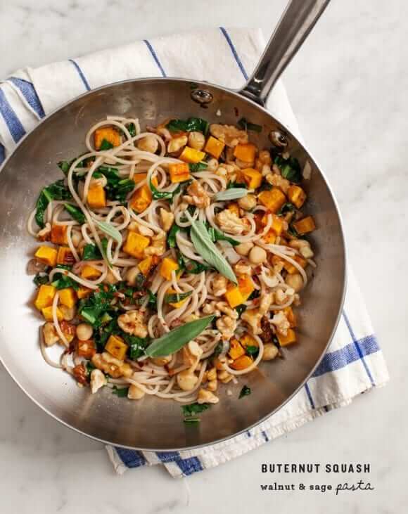 Pasta with squash, sage and walnuts