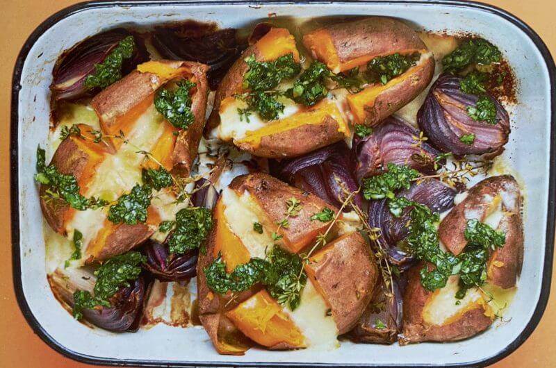Sweet potato with mozzarella, onions and basil