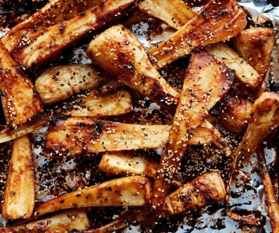 Miso sesame parsnips
